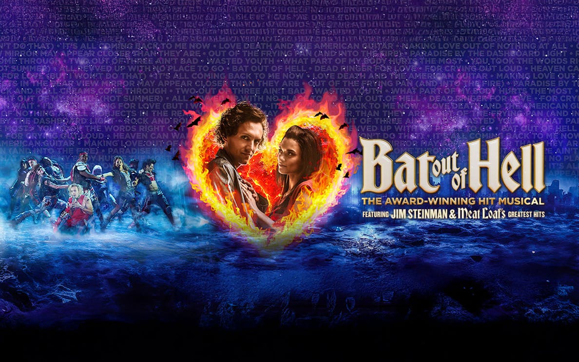 Bat Out Of Hell musical poster with fiery heart and cast in dynamic pose