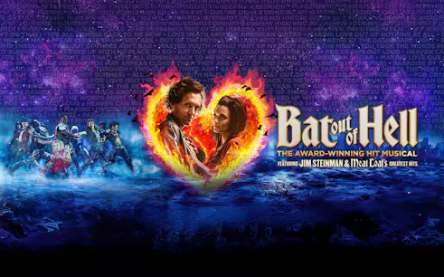 Bat Out Of Hell musical poster with fiery heart and cast in dynamic pose