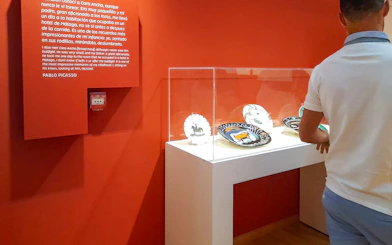 Visitor viewing ceramic plates at Picasso's Birthplace Museum in Málaga.