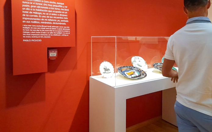 Visitor viewing ceramic plates at Picasso's Birthplace Museum in Málaga.