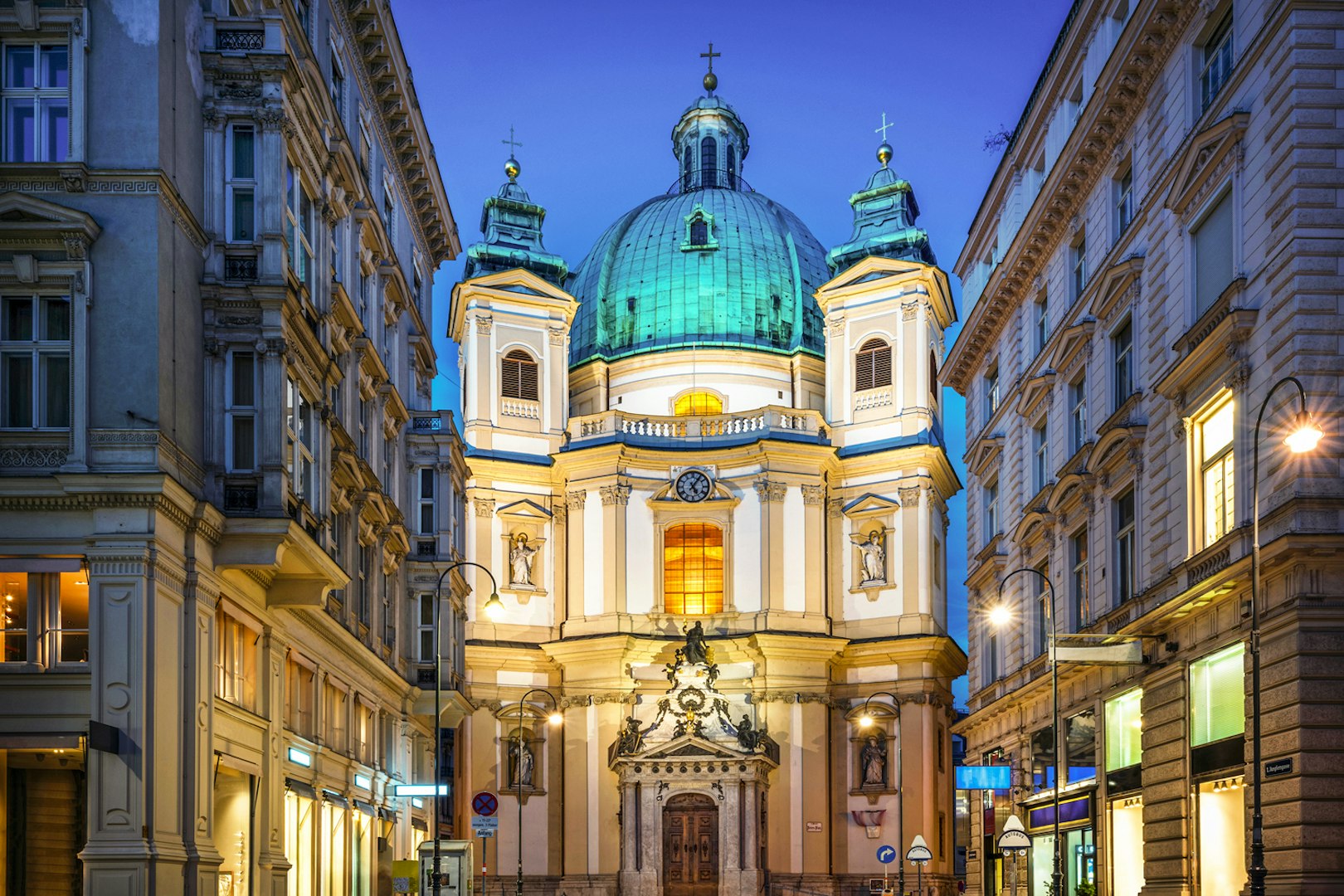St. Peter's Church in Vienna illuminated at night, venue for Christmas and New Year's concert.