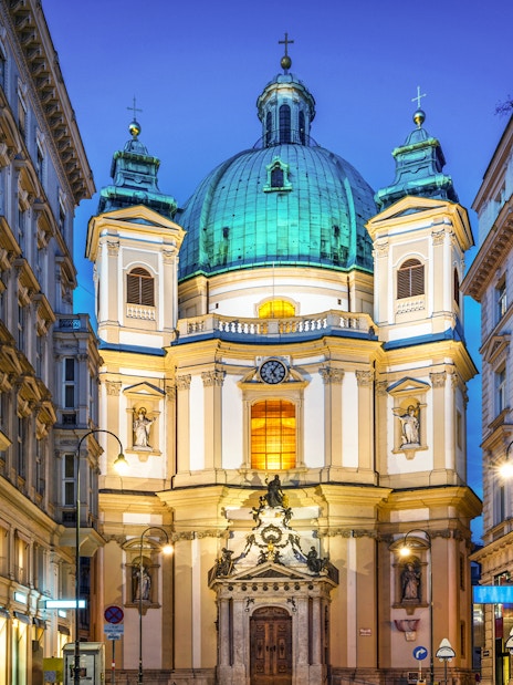 St. Peter's Church in Vienna illuminated at night, venue for Christmas and New Year's concert.