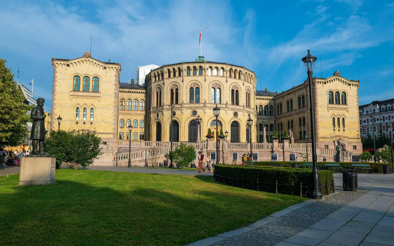 Stortinget building in Oslo during a walking tour.