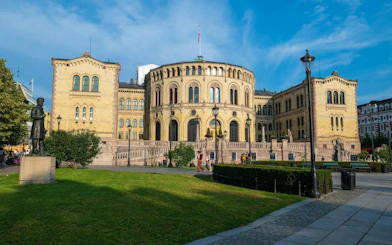 Stortinget building in Oslo during a walking tour.