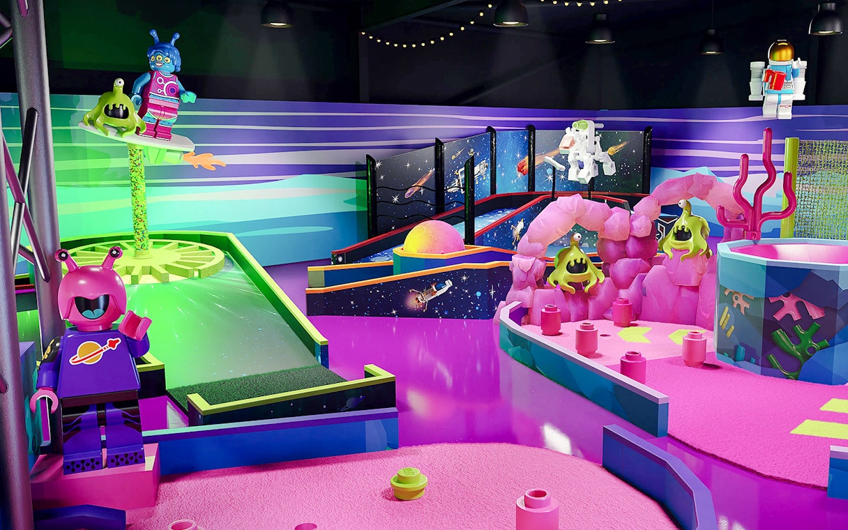LEGOLAND® space-themed mini golf course with alien and astronaut figures.