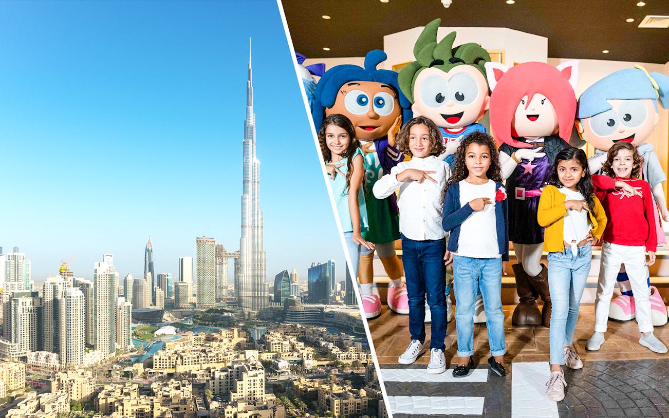 Burj Khalifa skyline and children at KidZania Dubai with mascots.