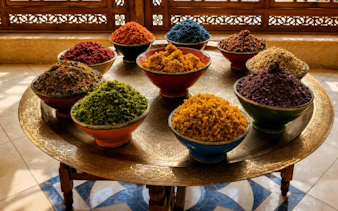 Bowls of colorful spices on a decorative table in Marrakech's Medina.
