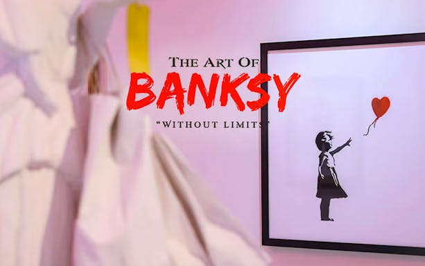 Banksy artwork with girl and balloon at "Without Limits" exhibition in Singapore.