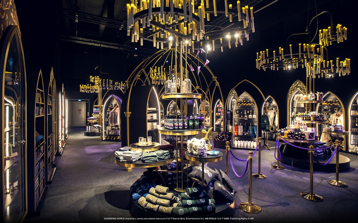 Harry Potter merchandise store with themed decor and souvenirs.