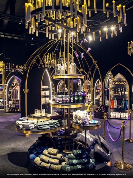 Harry Potter merchandise store with themed decor and souvenirs.
