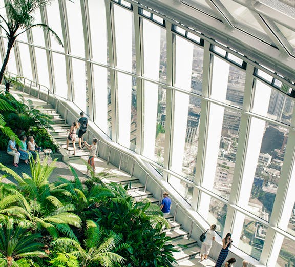 Visitors exploring the lush greenery and city views at Sky Garden, London.