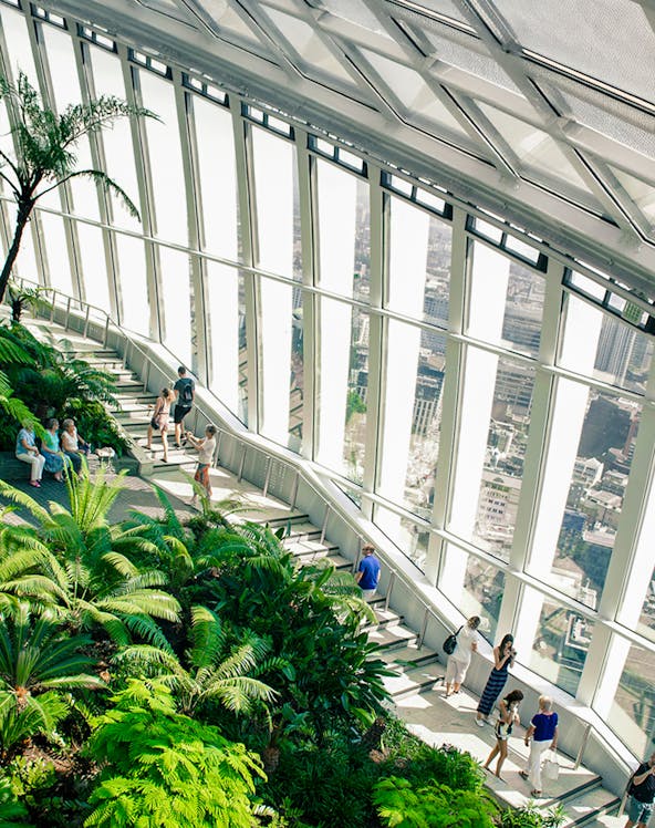 Visitors exploring the lush greenery and city views at Sky Garden, London.