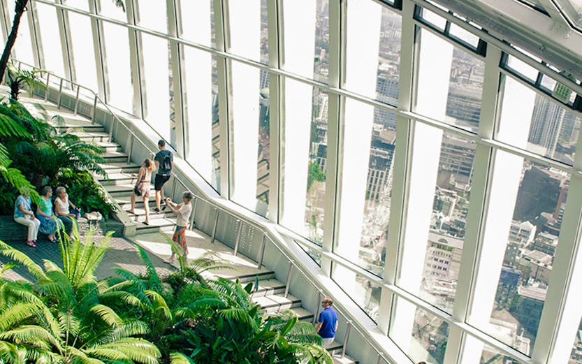 Visitors exploring the lush greenery and city views at Sky Garden, London.