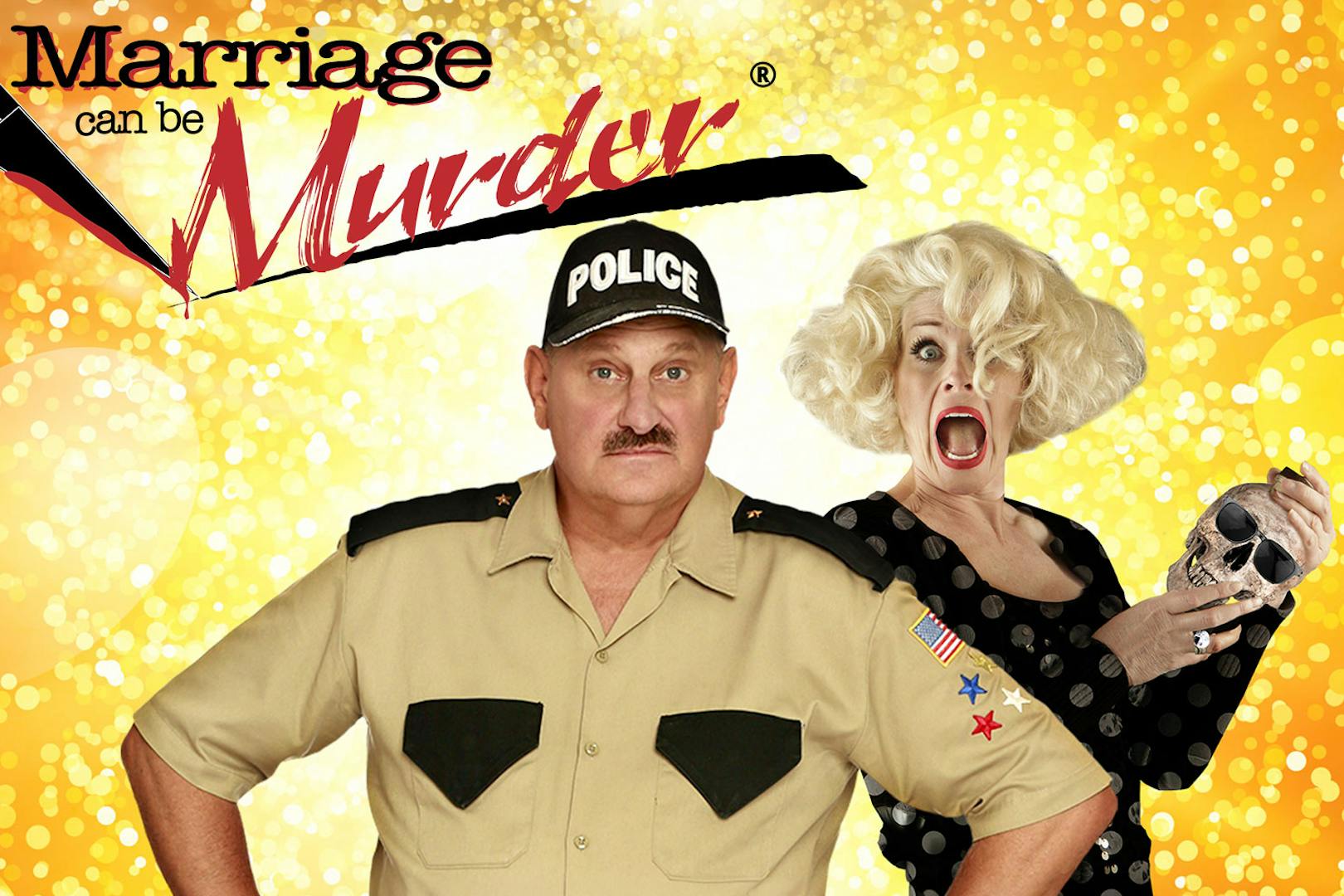 Police officer and shocked woman holding skull in "Marriage Can Be Murder" show, Las Vegas.