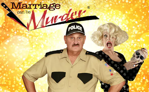 Police officer and shocked woman holding skull in "Marriage Can Be Murder" show, Las Vegas.