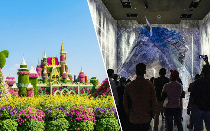 Dubai Miracle Garden floral castle and Expo City Dubai exhibit with visitors.
