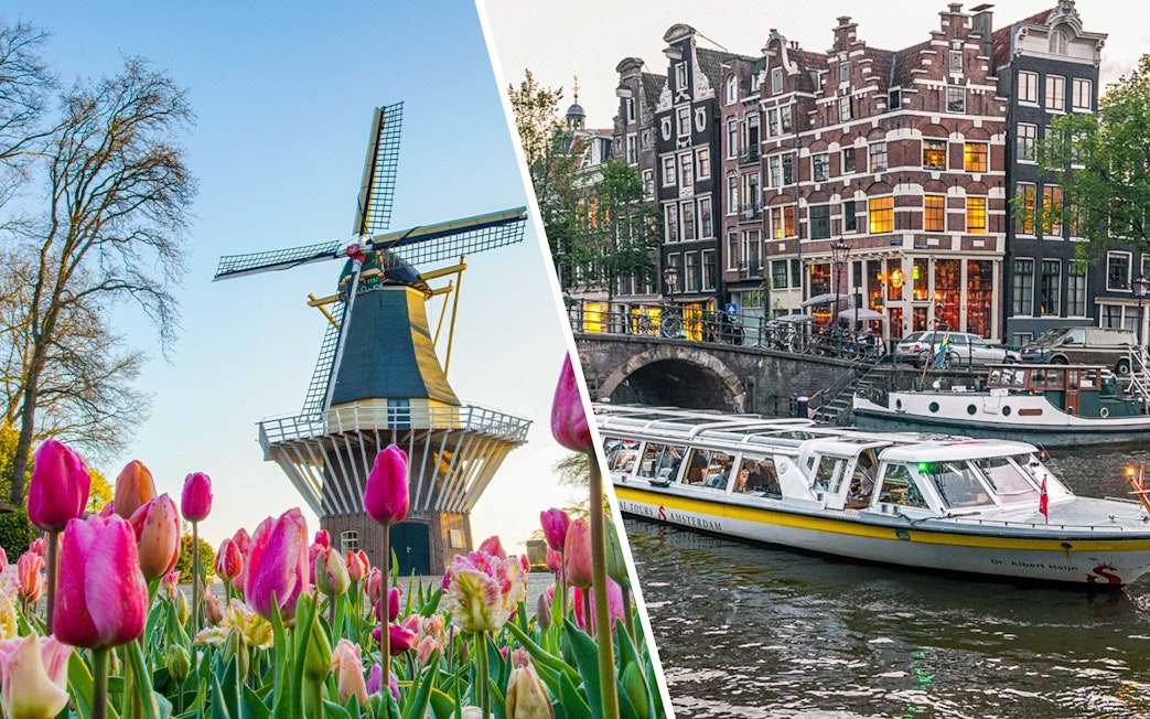 Tulips and windmill at Keukenhof Gardens, Netherlands; Amsterdam canal with tour boat.