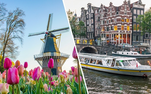 Tulips and windmill at Keukenhof Gardens, Netherlands; Amsterdam canal with tour boat.