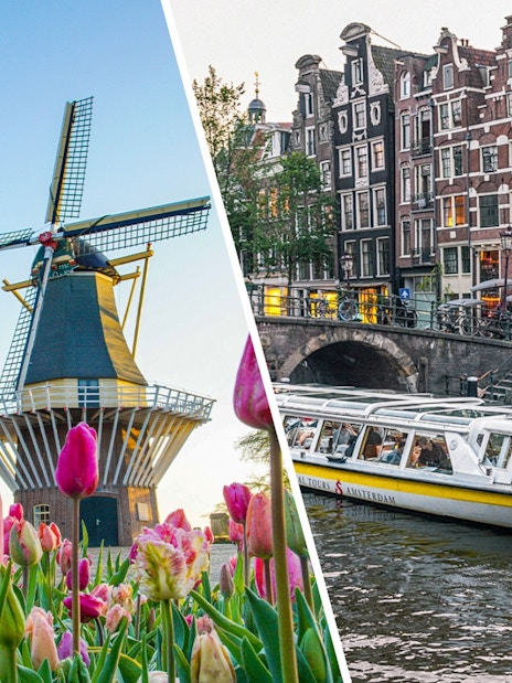 Tulips and windmill at Keukenhof Gardens, Netherlands; Amsterdam canal with tour boat.
