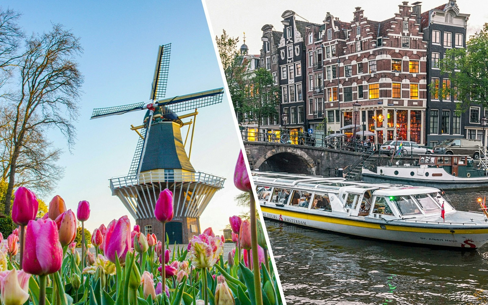 Tulips and windmill at Keukenhof Gardens, Netherlands; Amsterdam canal with tour boat.