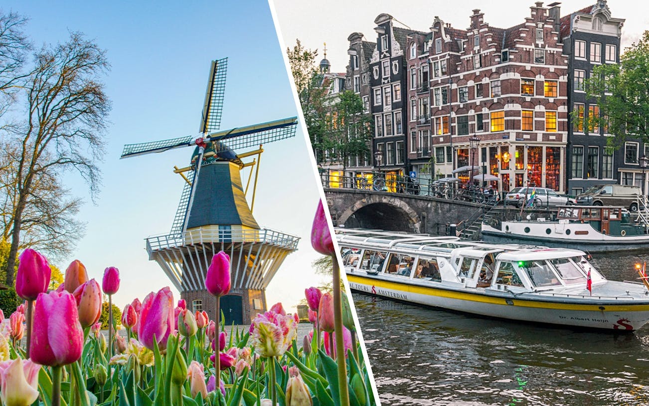 Tulips and windmill at Keukenhof Gardens, Netherlands; Amsterdam canal with tour boat.