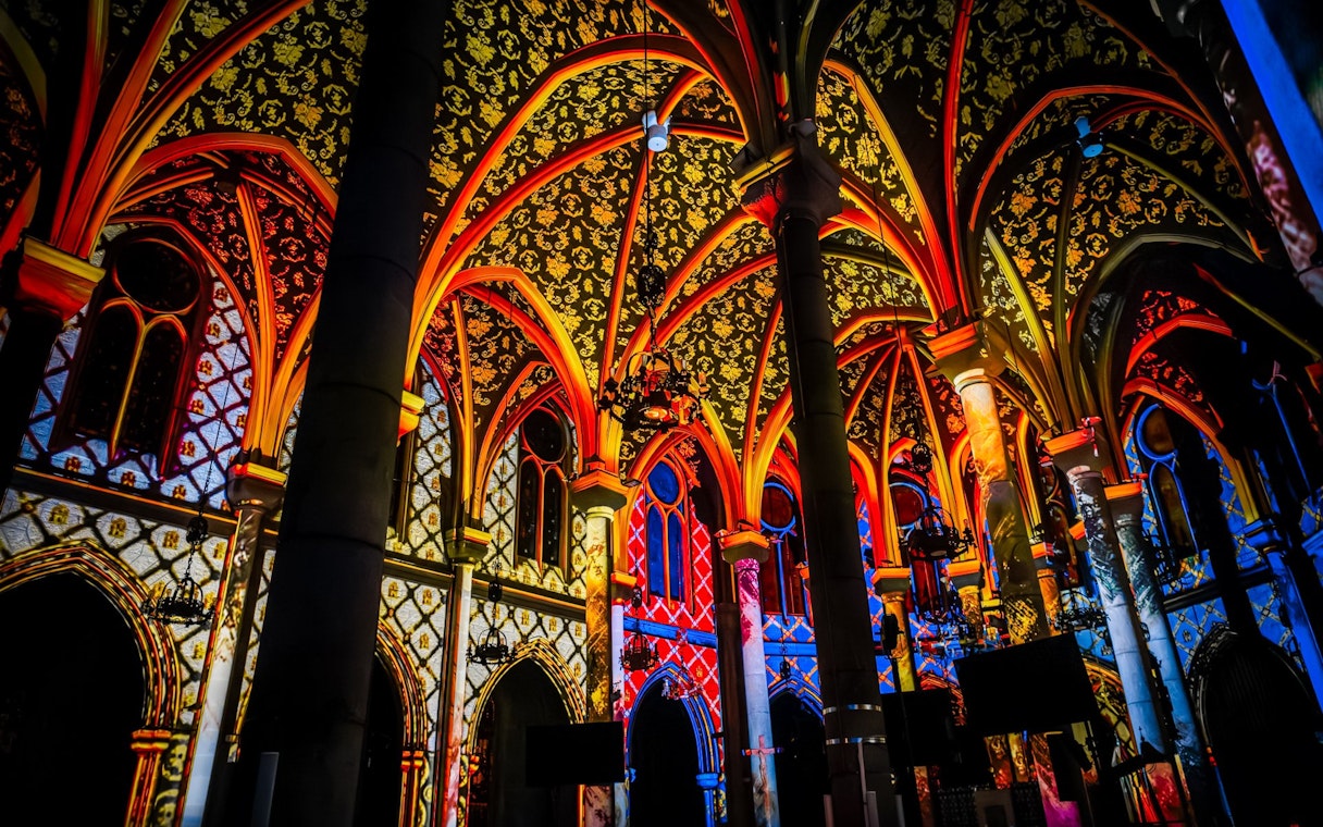 Interiors of Manchester Cathedral illuminated during LUMINISCENCE Manchester 360° Immersive Show.