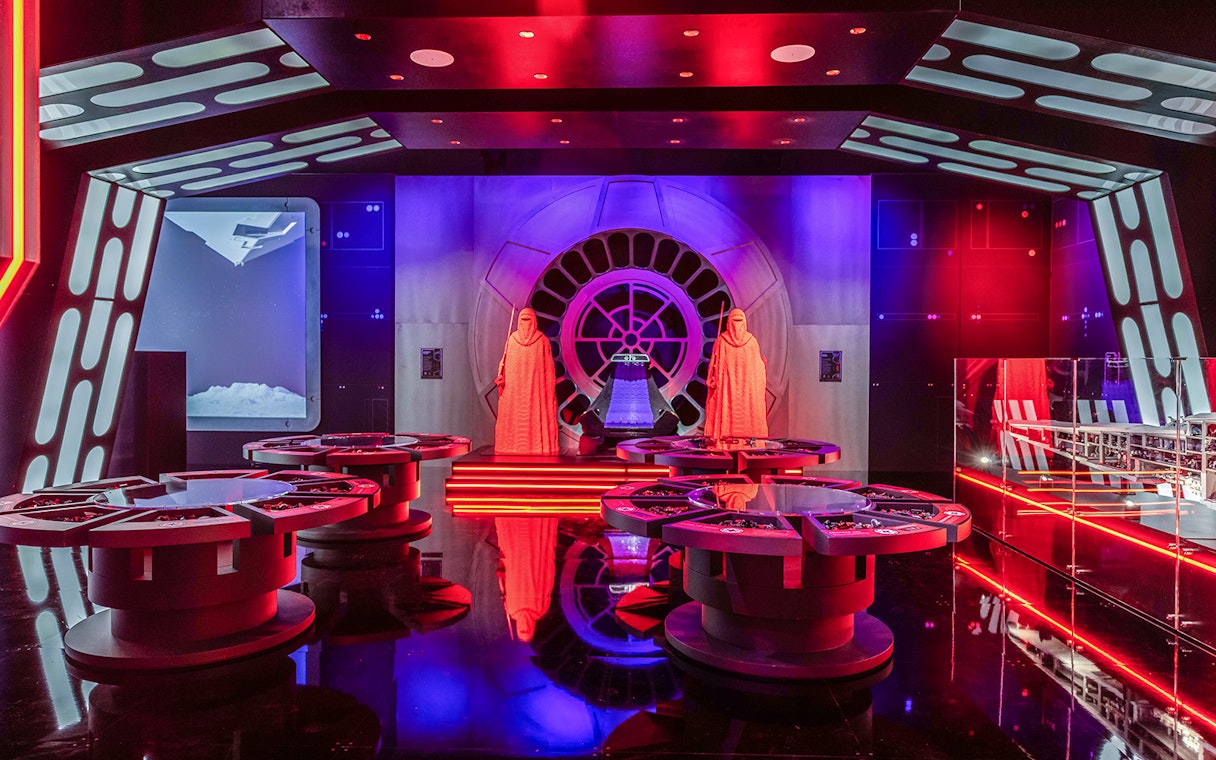LEGO Star Wars exhibition room with Imperial Guards and control panels.