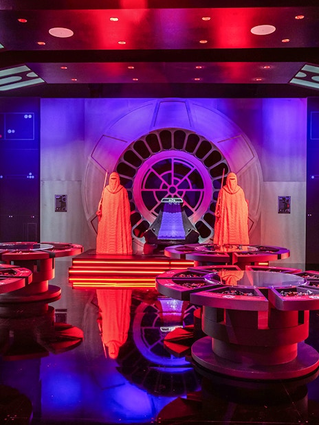 LEGO Star Wars exhibition room with Imperial Guards and control panels.