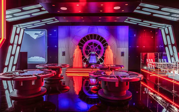 LEGO Star Wars exhibition room with Imperial Guards and control panels.