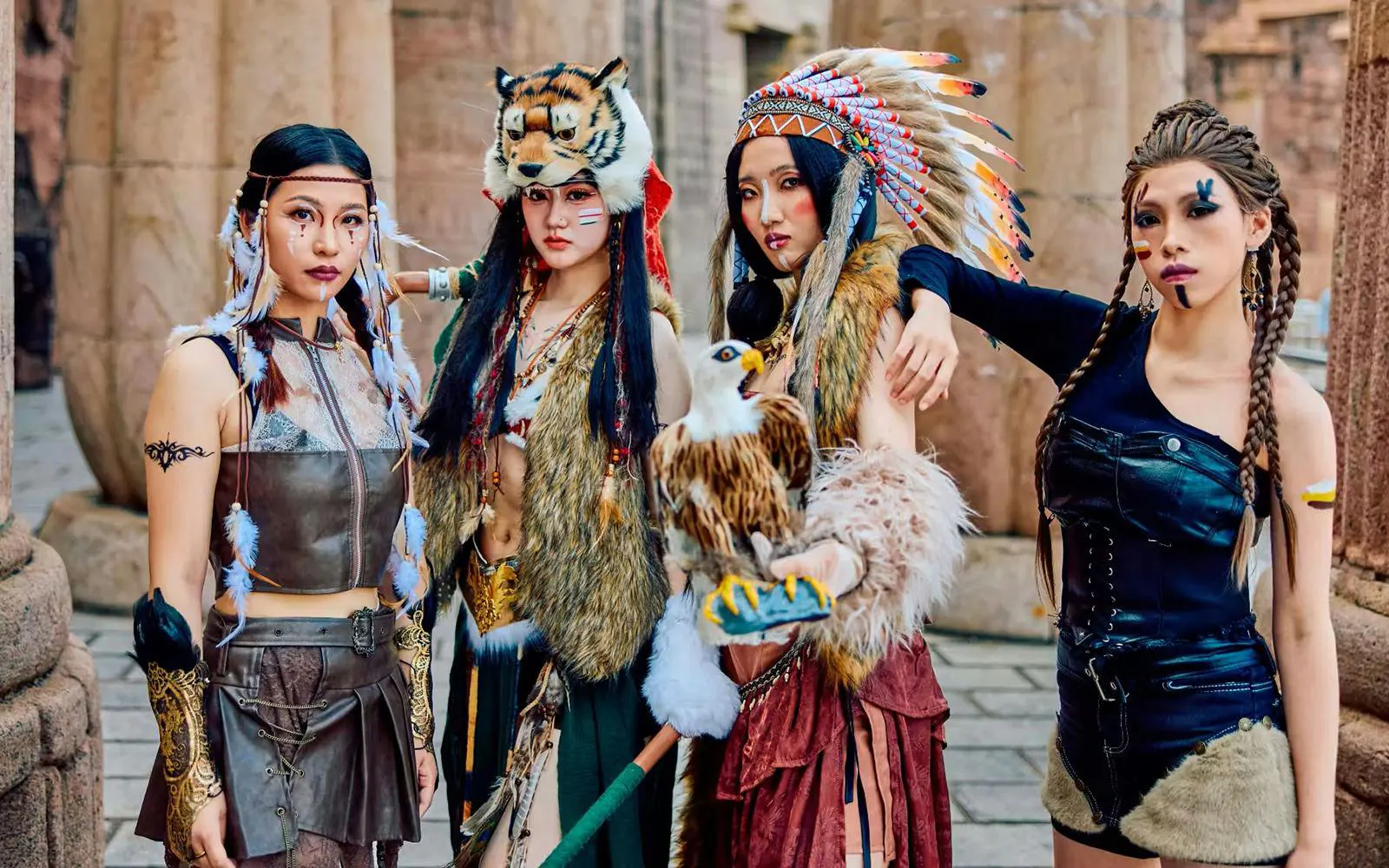 Young girls in themed costumes at Window of the World, Shenzhen, China.