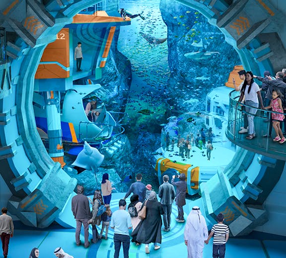 Visitors exploring underwater exhibits at Sea World Abu Dhabi.