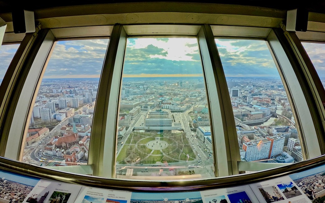 View of Berlin cityscape from TV tower observation deck.
