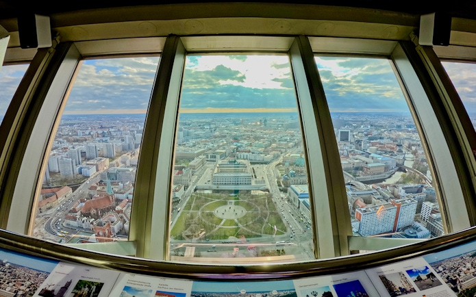 View of Berlin cityscape from TV tower observation deck.