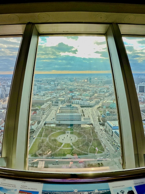 View of Berlin cityscape from TV tower observation deck.