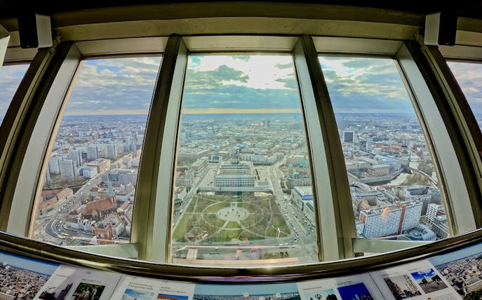 View of Berlin cityscape from TV tower observation deck.