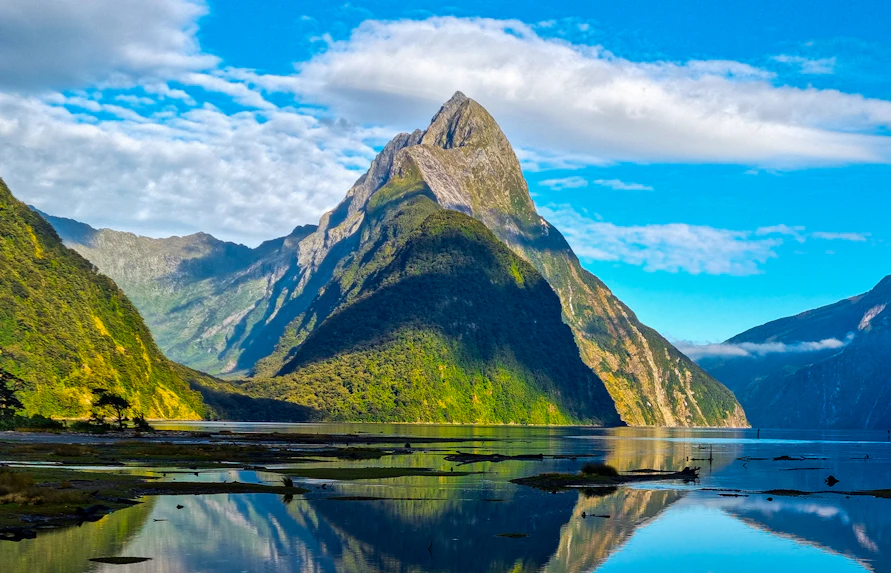 Mitre Peak reflecting in Milford Sound, New Zealand, under a clear blue sky.