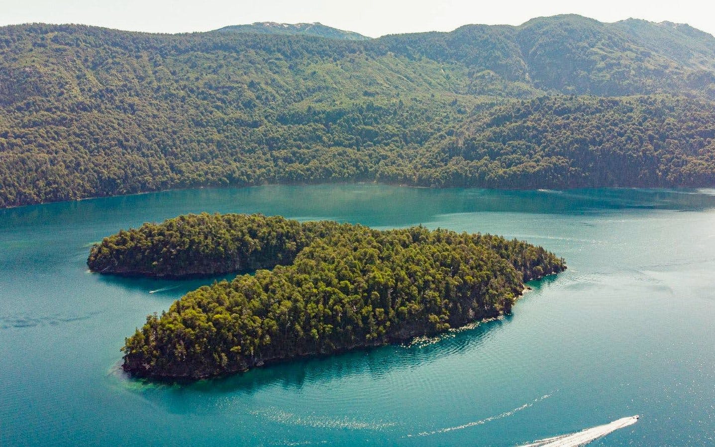 Aerial view of Isla Corazón on Lake Mascardi, surrounded by lush forest and clear water.