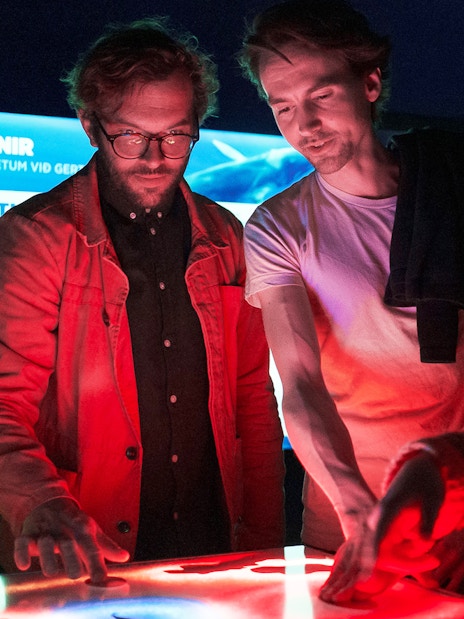 Visitors interacting with an exhibit at Whales of Iceland Museum.