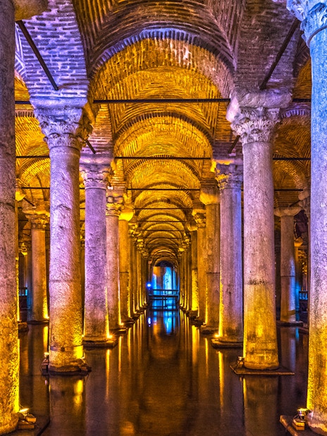 Basilica Cistern's illuminated columns in Istanbul, part of Combo Tour with Blue Mosque and Hagia Sophia.