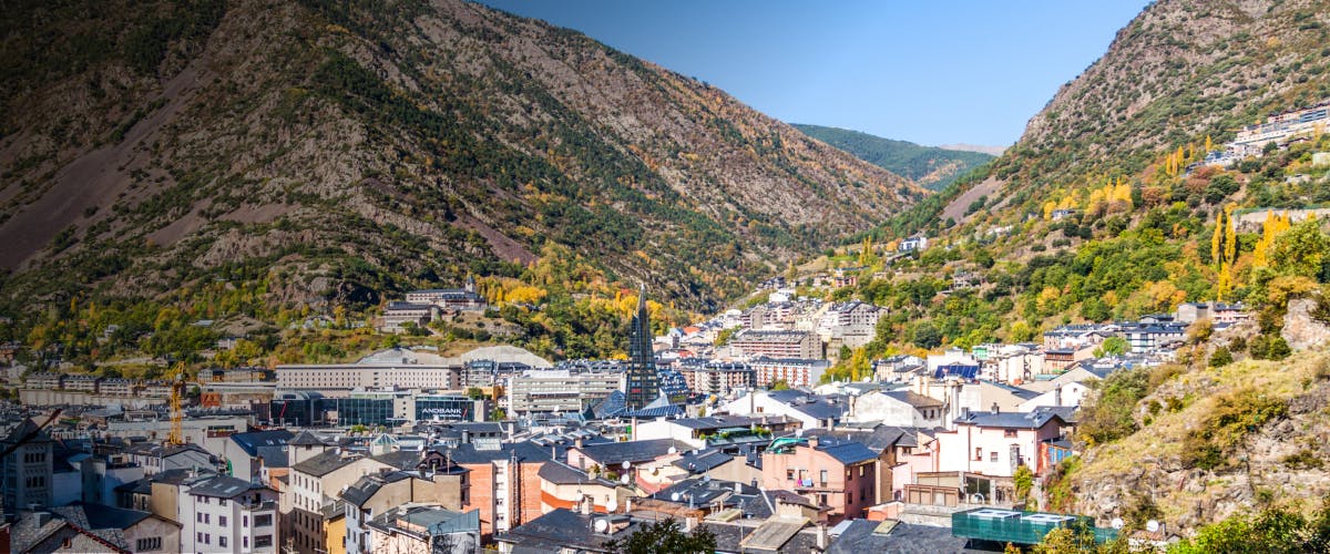 Les Escaldes Andorra cityscape with mountains and modern architecture.