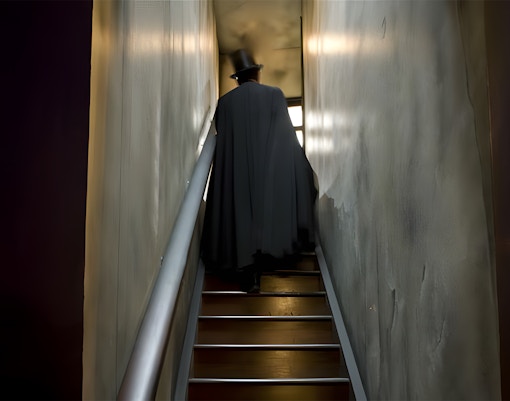 Man in dark coat and top hat ascending stairs at Jack the Ripper Museum.