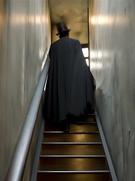 Man in dark coat and top hat ascending stairs at Jack the Ripper Museum.
