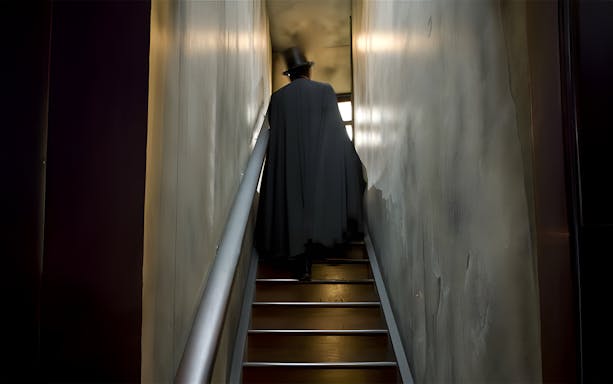 Man in dark coat and top hat ascending stairs at Jack the Ripper Museum.