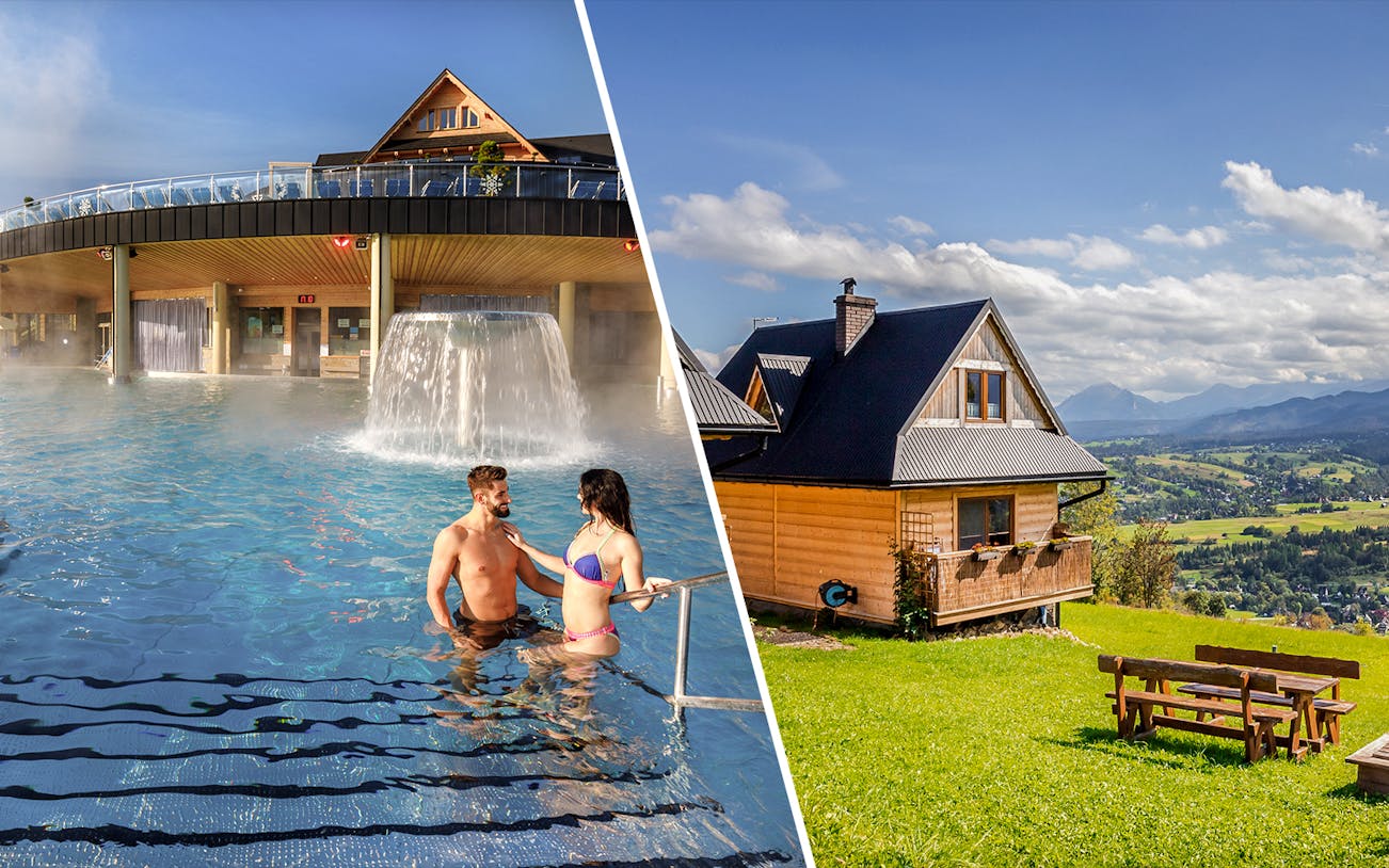 Chocholow Thermal Baths with couple in pool and scenic view of countryside near Krakow.