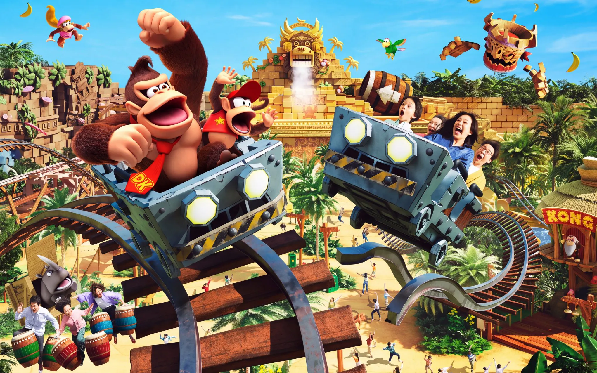 Roller coaster ride with Donkey Kong characters at Universal Studios Japan.