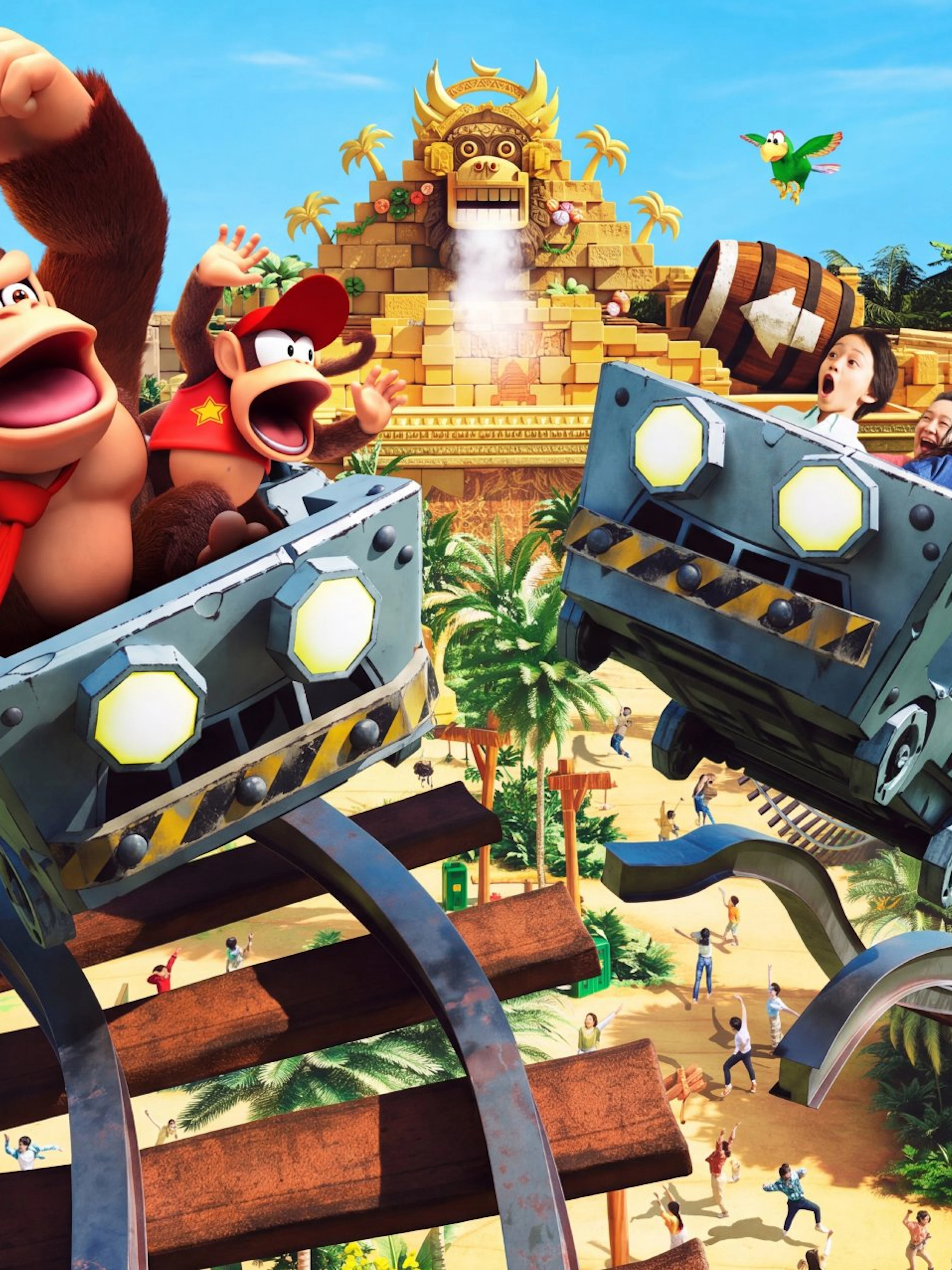 Roller coaster ride with Donkey Kong characters at Universal Studios Japan.
