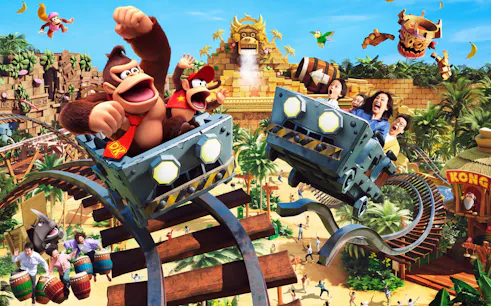 Roller coaster ride with Donkey Kong characters at Universal Studios Japan.