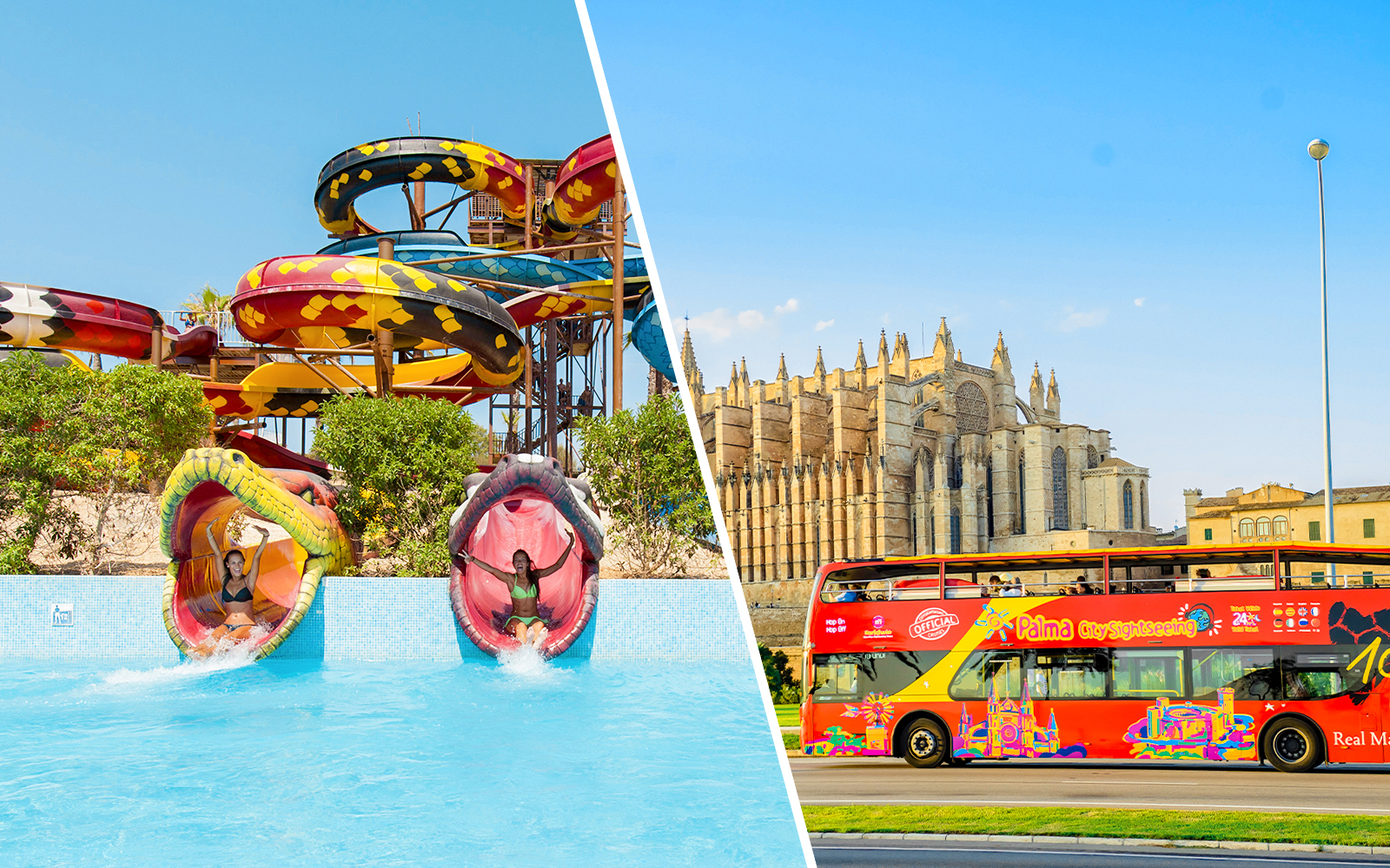 Hop-on hop-off bus near Palma Cathedral in Palma de Mallorca.