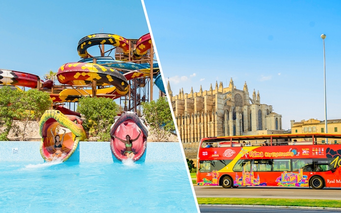 Hop-on hop-off bus near Palma Cathedral in Palma de Mallorca.