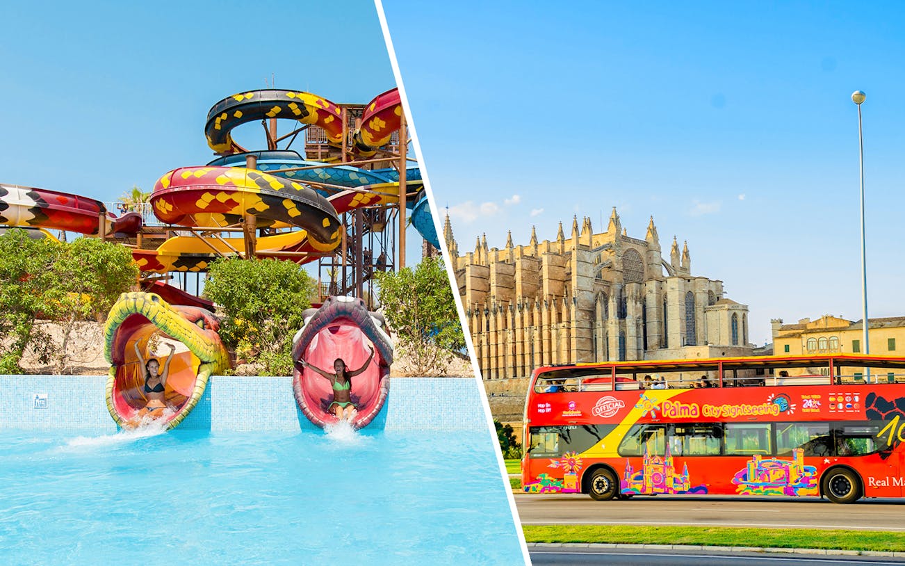 Hop-on hop-off bus near Palma Cathedral in Palma de Mallorca.